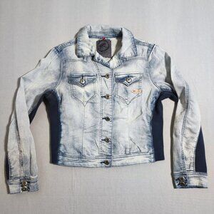 Parasuco jean jacket crop women's sz M hard washed denim blue distressed design